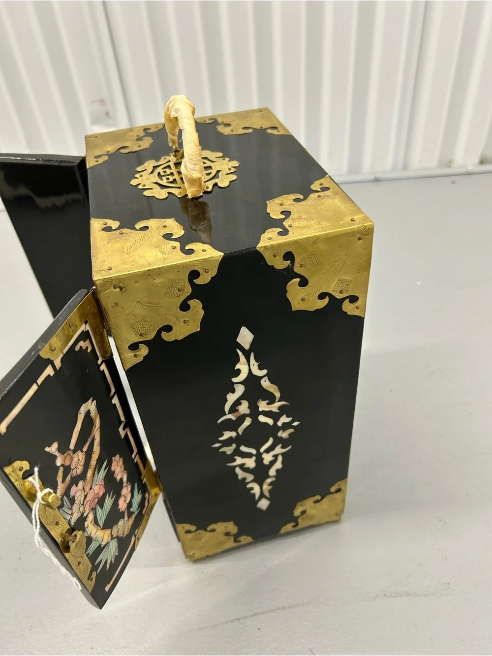 Vintage Chinese Black Lacquer Jewelry Box Cabinet Mother of Pearl Inlay Brass